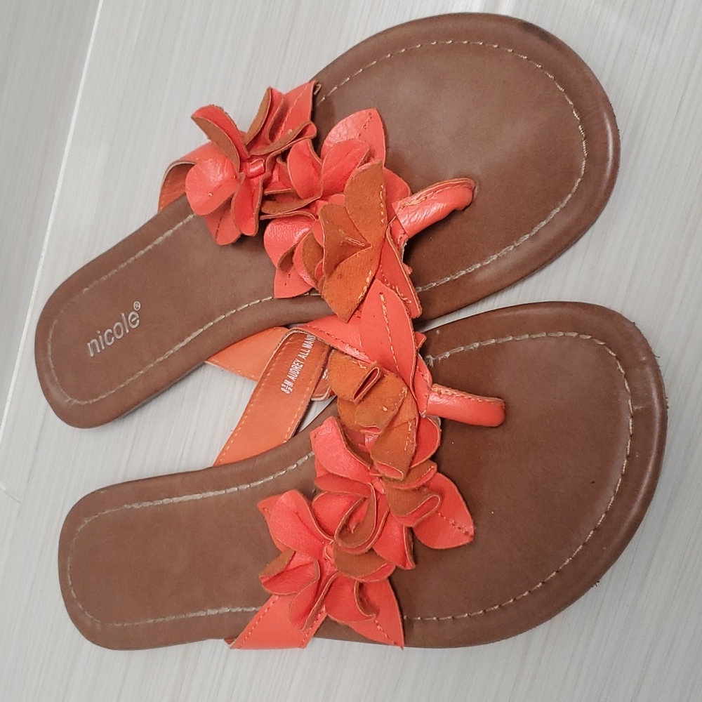 Nicole Audrey Floral Slip On Flip Flops Coral